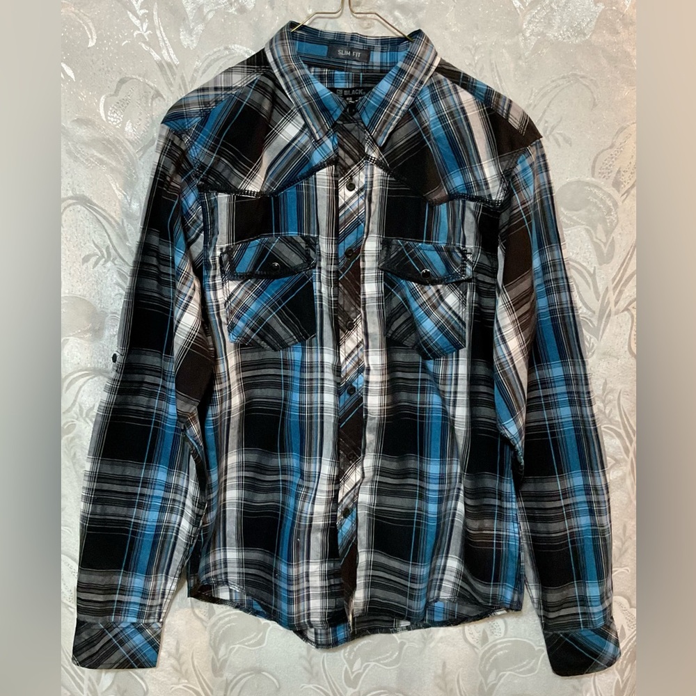 C.J. Black Slim Fit Large Stitch Black Blue Plaid Long Sleeve Button Down Shirt